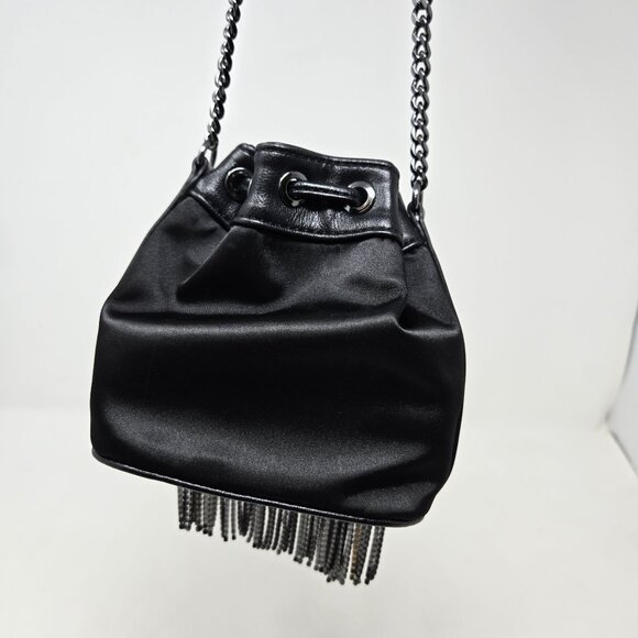 Aldo Mackie Black Faux Leather Bucket Bag Rhinestone Fringe Festival Party - Picture 5 of 13